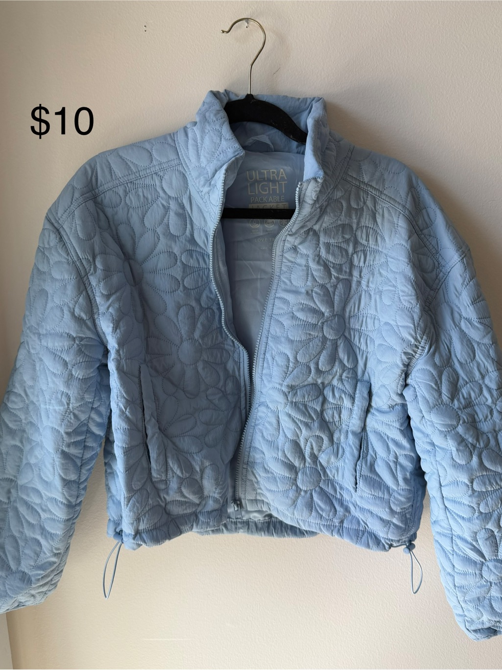 Light Blue Quilted Flower Puffer Jacket